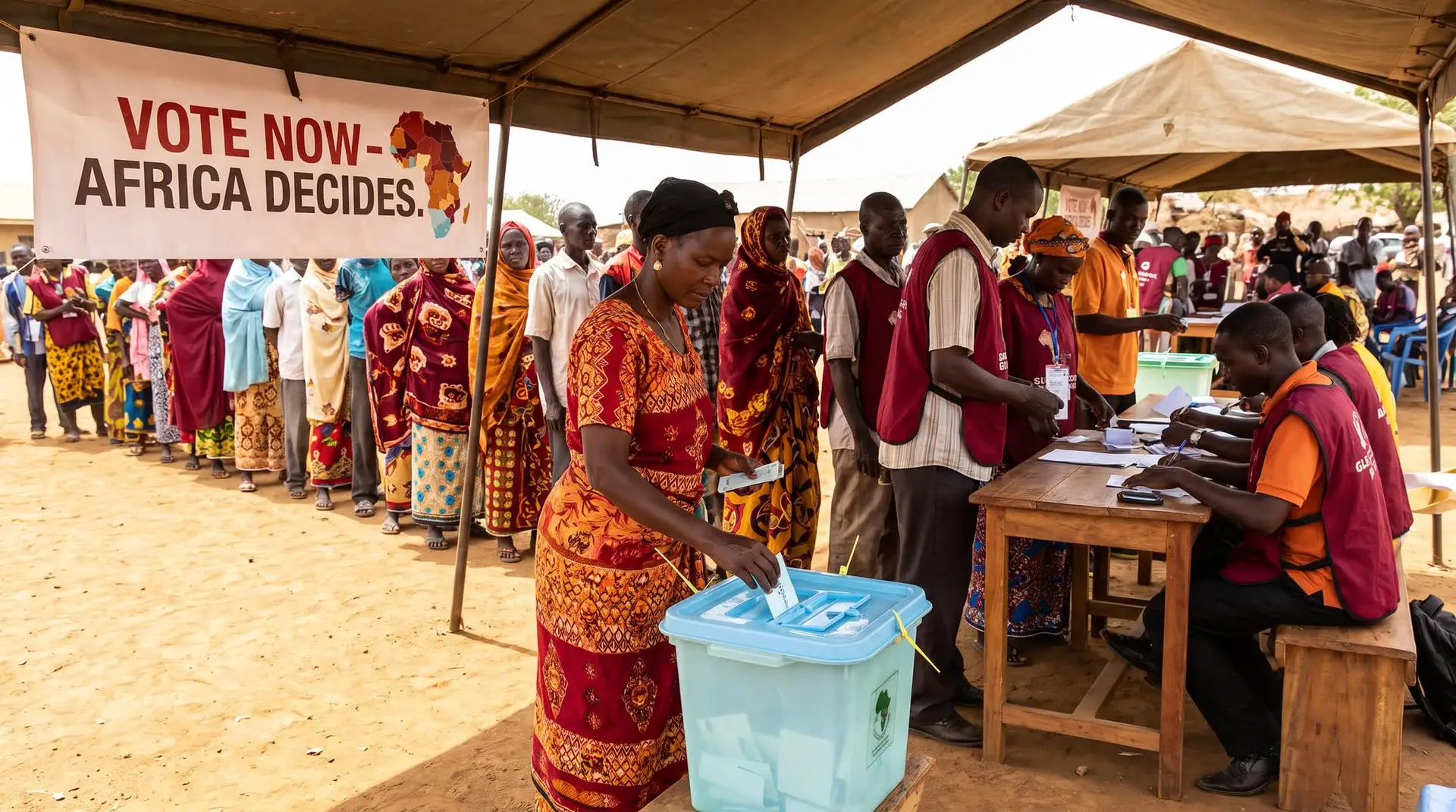 Voters line up beneath a banner reading “Vote Now – Africa Decides” as a woman casts her ballot