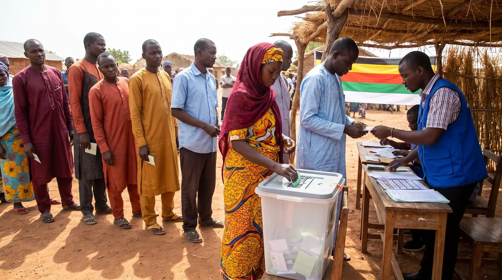 A woman casts her ballot at an outdoor polling station while voters wait in line