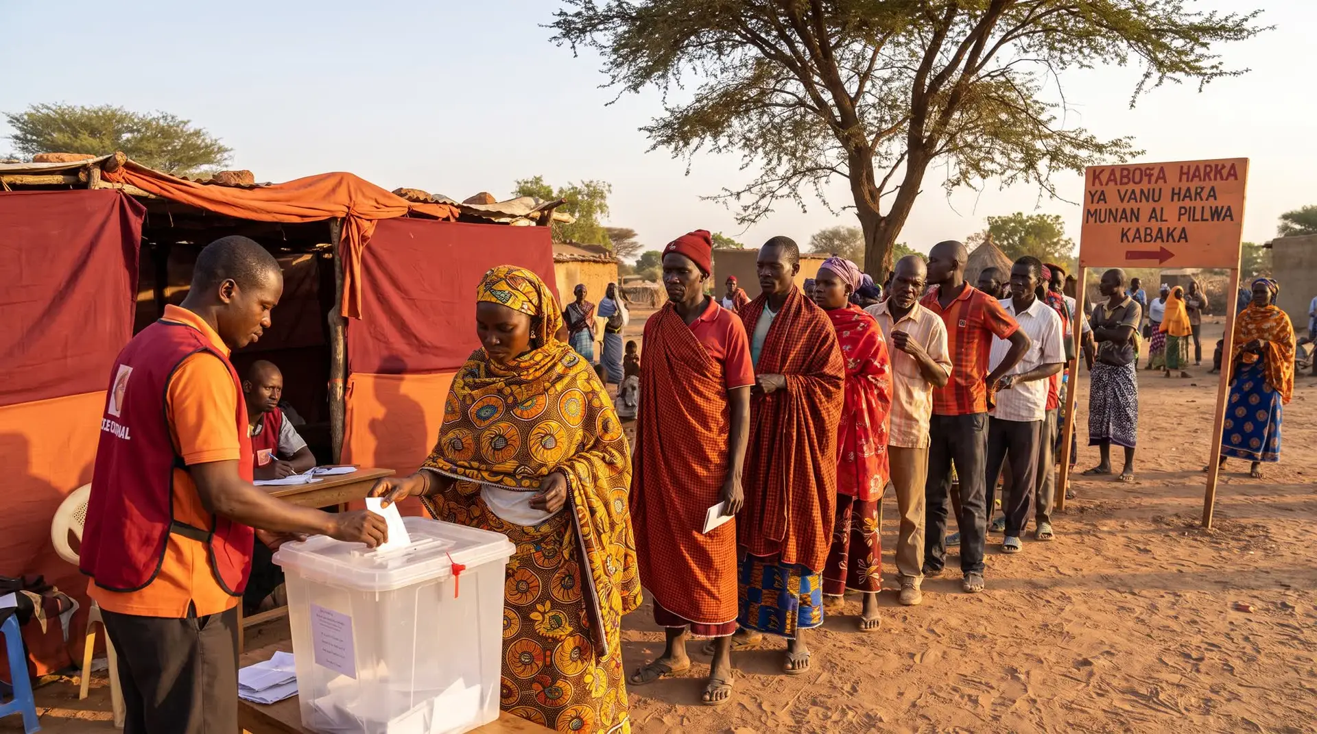 A poll worker in a red vest assists a voter at a ballot box